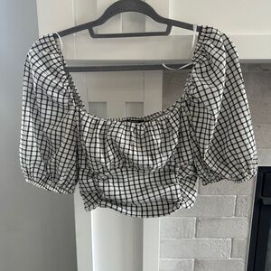 Bershka Black and White Puff Sleeve Smocked Blouse